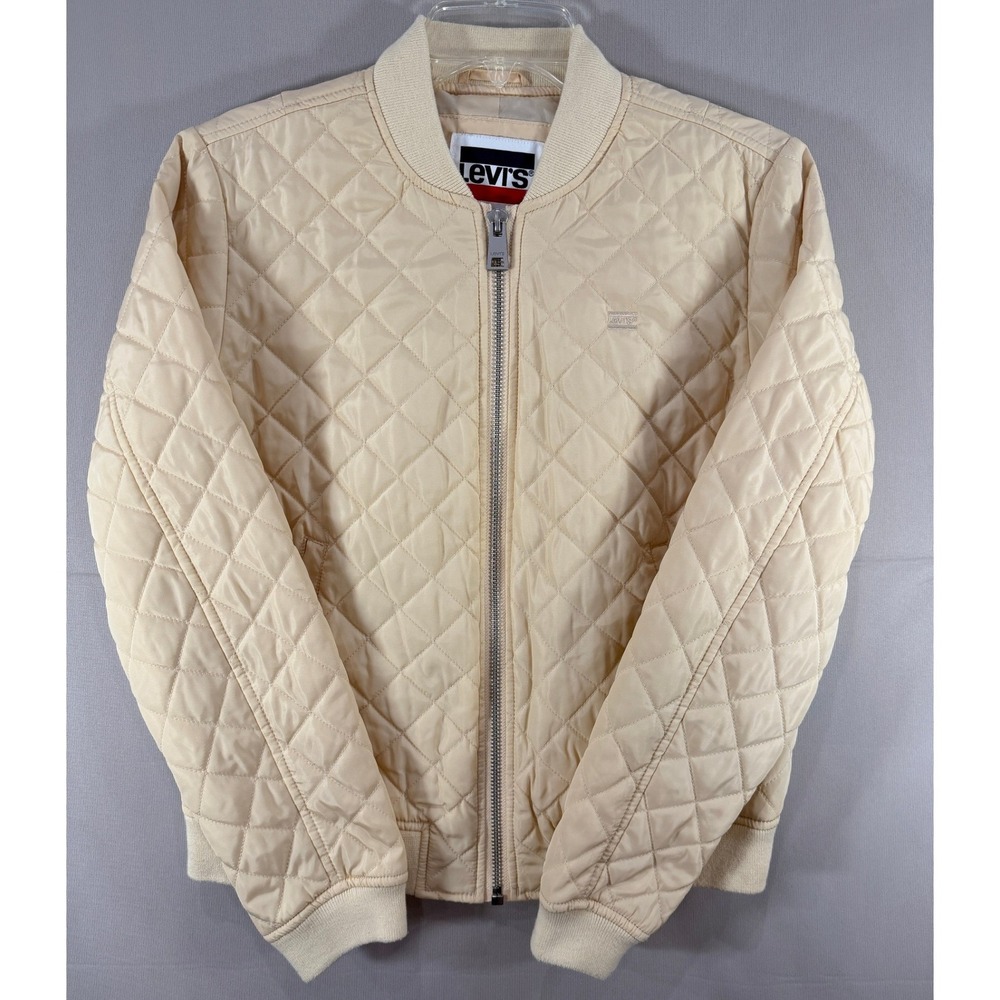 Levis Quilted Bomber Jacket Cream Beige Mens Medium Full Zip Diamond Puffer
